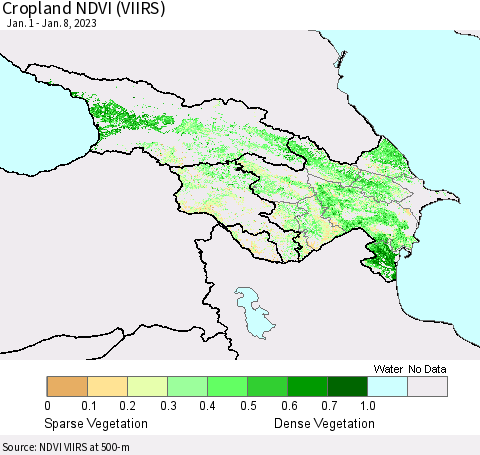 Azerbaijan, Armenia and Georgia Cropland NDVI (VIIRS) Thematic Map For 1/1/2023 - 1/8/2023