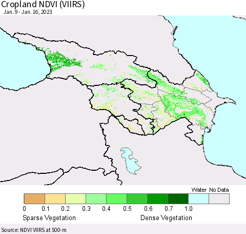 Azerbaijan, Armenia and Georgia Cropland NDVI (VIIRS) Thematic Map For 1/9/2023 - 1/16/2023