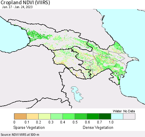 Azerbaijan, Armenia and Georgia Cropland NDVI (VIIRS) Thematic Map For 1/17/2023 - 1/24/2023
