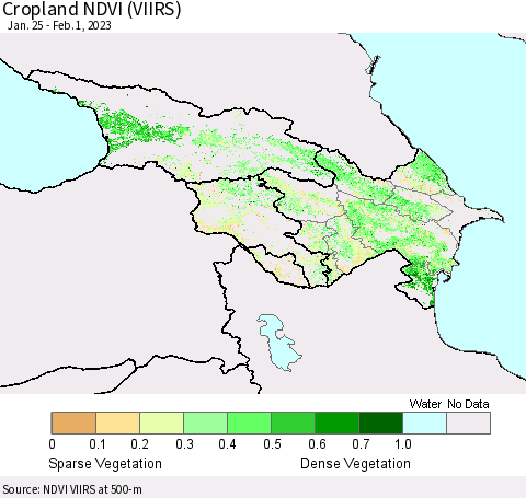 Azerbaijan, Armenia and Georgia Cropland NDVI (VIIRS) Thematic Map For 1/25/2023 - 2/1/2023