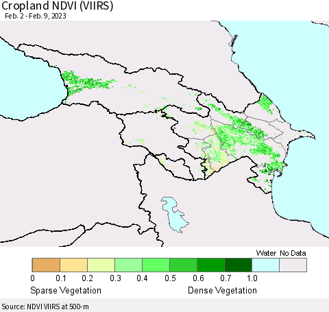 Azerbaijan, Armenia and Georgia Cropland NDVI (VIIRS) Thematic Map For 2/2/2023 - 2/9/2023