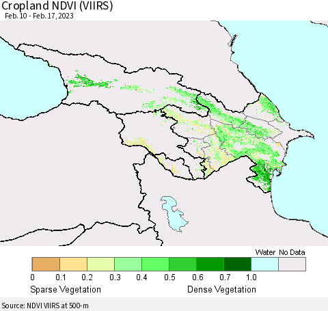 Azerbaijan, Armenia and Georgia Cropland NDVI (VIIRS) Thematic Map For 2/10/2023 - 2/17/2023