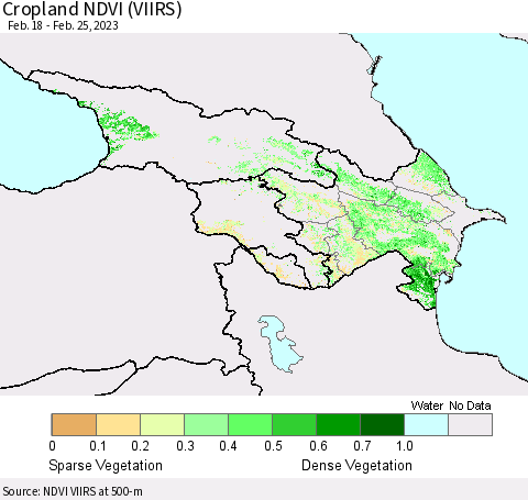 Azerbaijan, Armenia and Georgia Cropland NDVI (VIIRS) Thematic Map For 2/18/2023 - 2/25/2023