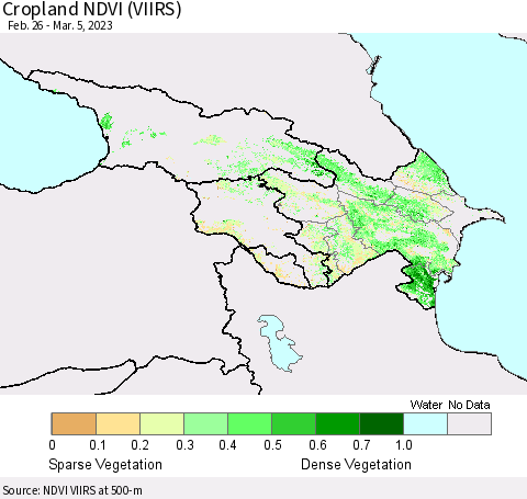 Azerbaijan, Armenia and Georgia Cropland NDVI (VIIRS) Thematic Map For 2/26/2023 - 3/5/2023