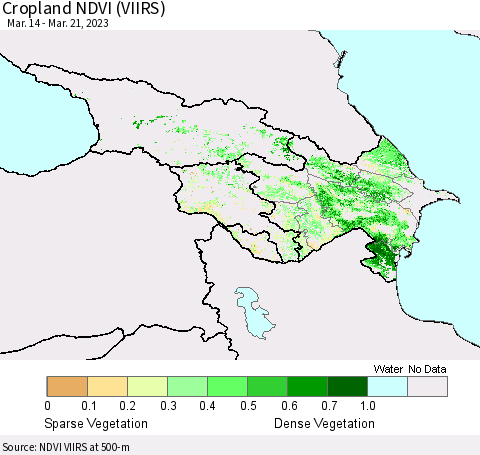 Azerbaijan, Armenia and Georgia Cropland NDVI (VIIRS) Thematic Map For 3/14/2023 - 3/21/2023