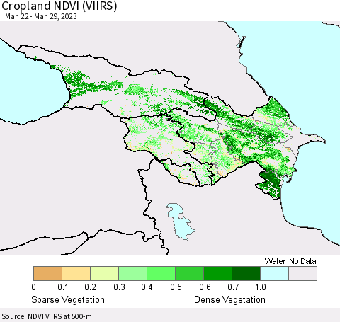 Azerbaijan, Armenia and Georgia Cropland NDVI (VIIRS) Thematic Map For 3/22/2023 - 3/29/2023