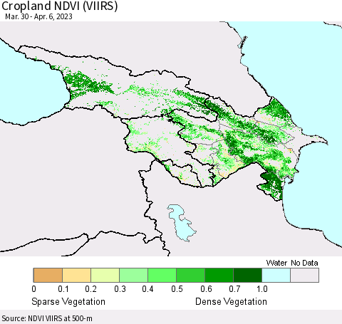 Azerbaijan, Armenia and Georgia Cropland NDVI (VIIRS) Thematic Map For 3/30/2023 - 4/6/2023