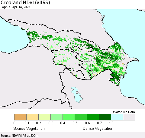 Azerbaijan, Armenia and Georgia Cropland NDVI (VIIRS) Thematic Map For 4/7/2023 - 4/14/2023