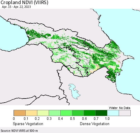 Azerbaijan, Armenia and Georgia Cropland NDVI (VIIRS) Thematic Map For 4/15/2023 - 4/22/2023