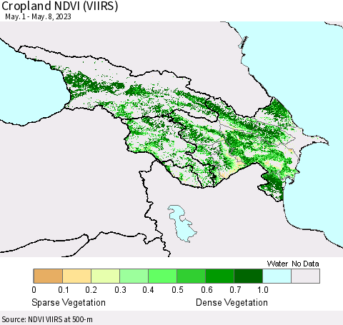 Azerbaijan, Armenia and Georgia Cropland NDVI (VIIRS) Thematic Map For 5/1/2023 - 5/8/2023