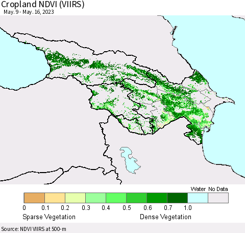 Azerbaijan, Armenia and Georgia Cropland NDVI (VIIRS) Thematic Map For 5/9/2023 - 5/16/2023