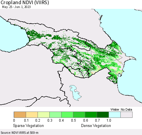 Azerbaijan, Armenia and Georgia Cropland NDVI (VIIRS) Thematic Map For 5/25/2023 - 6/1/2023