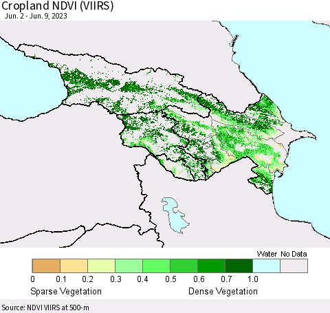 Azerbaijan, Armenia and Georgia Cropland NDVI (VIIRS) Thematic Map For 6/2/2023 - 6/9/2023
