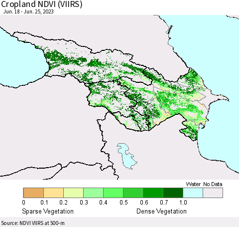 Azerbaijan, Armenia and Georgia Cropland NDVI (VIIRS) Thematic Map For 6/18/2023 - 6/25/2023