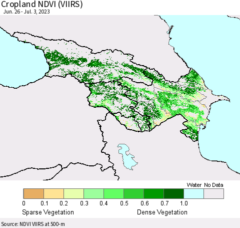 Azerbaijan, Armenia and Georgia Cropland NDVI (VIIRS) Thematic Map For 6/26/2023 - 7/3/2023