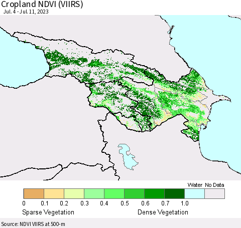 Azerbaijan, Armenia and Georgia Cropland NDVI (VIIRS) Thematic Map For 7/4/2023 - 7/11/2023