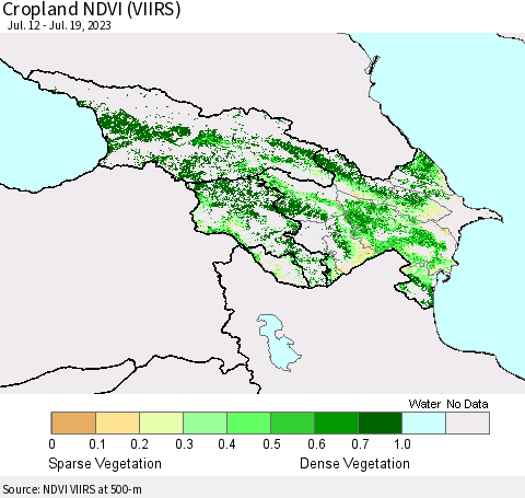 Azerbaijan, Armenia and Georgia Cropland NDVI (VIIRS) Thematic Map For 7/12/2023 - 7/19/2023