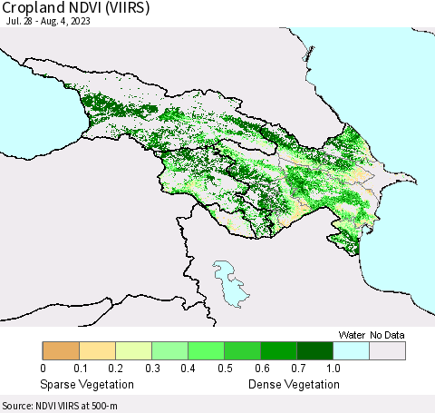 Azerbaijan, Armenia and Georgia Cropland NDVI (VIIRS) Thematic Map For 7/28/2023 - 8/4/2023