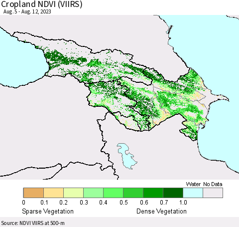 Azerbaijan, Armenia and Georgia Cropland NDVI (VIIRS) Thematic Map For 8/5/2023 - 8/12/2023