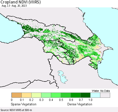 Azerbaijan, Armenia and Georgia Cropland NDVI (VIIRS) Thematic Map For 8/13/2023 - 8/20/2023