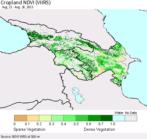 Azerbaijan, Armenia and Georgia Cropland NDVI (VIIRS) Thematic Map For 8/21/2023 - 8/28/2023