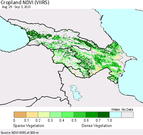 Azerbaijan, Armenia and Georgia Cropland NDVI (VIIRS) Thematic Map For 8/29/2023 - 9/5/2023