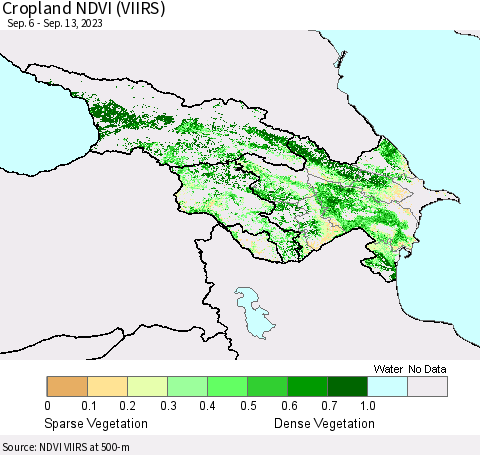 Azerbaijan, Armenia and Georgia Cropland NDVI (VIIRS) Thematic Map For 9/6/2023 - 9/13/2023