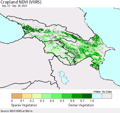 Azerbaijan, Armenia and Georgia Cropland NDVI (VIIRS) Thematic Map For 9/22/2023 - 9/29/2023