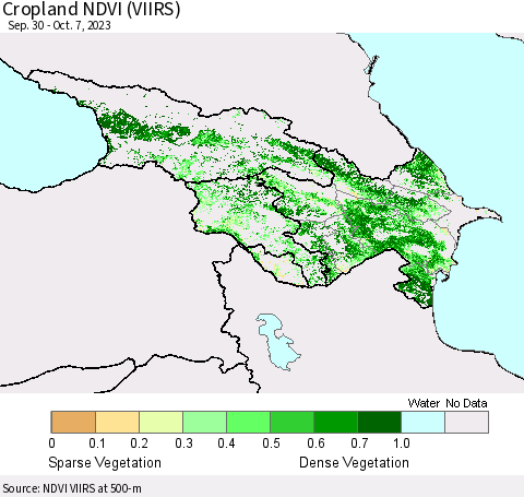 Azerbaijan, Armenia and Georgia Cropland NDVI (VIIRS) Thematic Map For 9/30/2023 - 10/7/2023