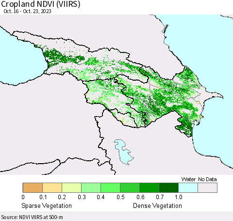 Azerbaijan, Armenia and Georgia Cropland NDVI (VIIRS) Thematic Map For 10/16/2023 - 10/23/2023