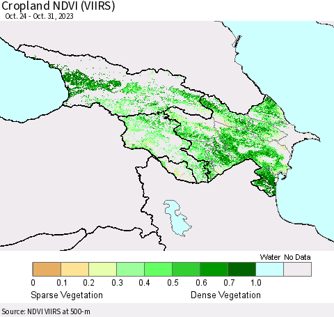 Azerbaijan, Armenia and Georgia Cropland NDVI (VIIRS) Thematic Map For 10/24/2023 - 10/31/2023