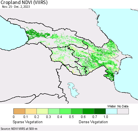 Azerbaijan, Armenia and Georgia Cropland NDVI (VIIRS) Thematic Map For 11/25/2023 - 12/2/2023
