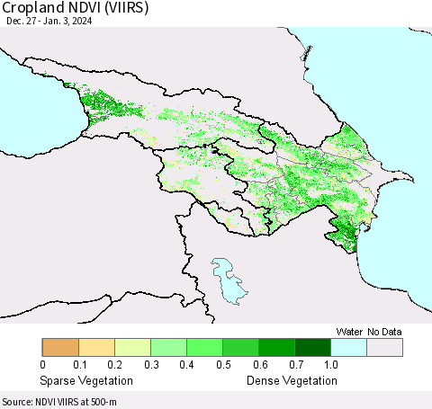 Azerbaijan, Armenia and Georgia Cropland NDVI (VIIRS) Thematic Map For 12/27/2023 - 1/3/2024