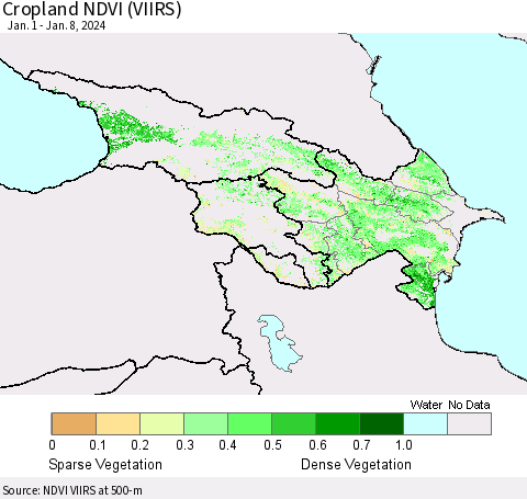 Azerbaijan, Armenia and Georgia Cropland NDVI (VIIRS) Thematic Map For 1/1/2024 - 1/8/2024