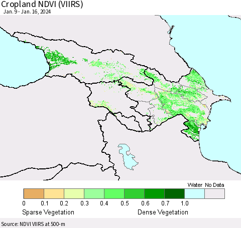 Azerbaijan, Armenia and Georgia Cropland NDVI (VIIRS) Thematic Map For 1/9/2024 - 1/16/2024