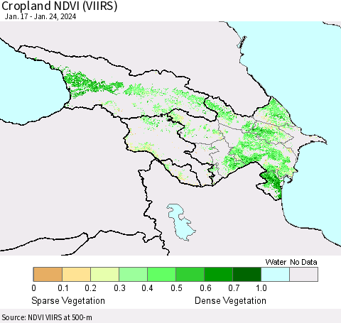 Azerbaijan, Armenia and Georgia Cropland NDVI (VIIRS) Thematic Map For 1/17/2024 - 1/24/2024