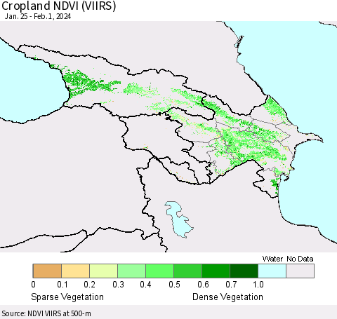 Azerbaijan, Armenia and Georgia Cropland NDVI (VIIRS) Thematic Map For 1/25/2024 - 2/1/2024