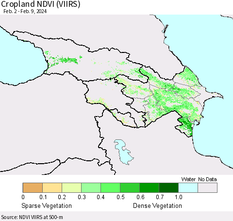 Azerbaijan, Armenia and Georgia Cropland NDVI (VIIRS) Thematic Map For 2/2/2024 - 2/9/2024