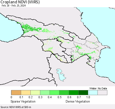 Azerbaijan, Armenia and Georgia Cropland NDVI (VIIRS) Thematic Map For 2/18/2024 - 2/25/2024