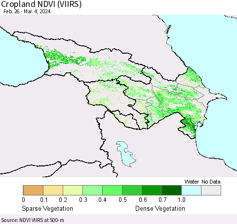 Azerbaijan, Armenia and Georgia Cropland NDVI (VIIRS) Thematic Map For 2/26/2024 - 3/4/2024