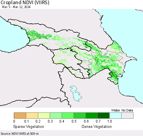 Azerbaijan, Armenia and Georgia Cropland NDVI (VIIRS) Thematic Map For 3/5/2024 - 3/12/2024