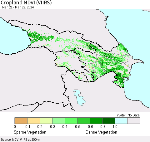 Azerbaijan, Armenia and Georgia Cropland NDVI (VIIRS) Thematic Map For 3/21/2024 - 3/28/2024