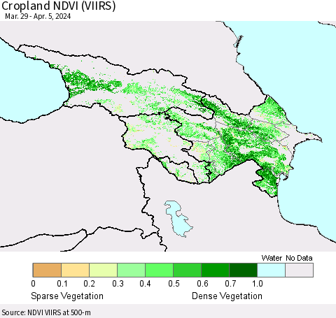 Azerbaijan, Armenia and Georgia Cropland NDVI (VIIRS) Thematic Map For 3/29/2024 - 4/5/2024