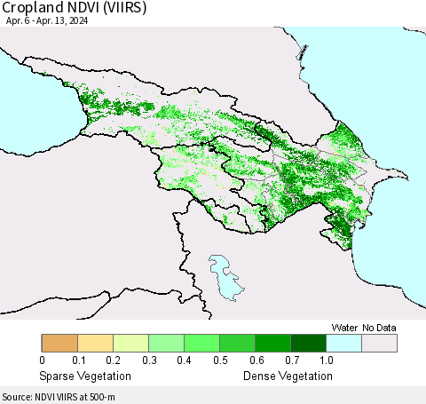 Azerbaijan, Armenia and Georgia Cropland NDVI (VIIRS) Thematic Map For 4/6/2024 - 4/13/2024