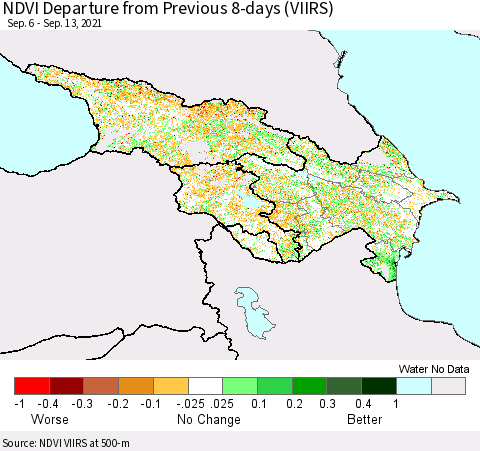 Azerbaijan, Armenia and Georgia NDVI Departure from Previous 8-days (VIIRS) Thematic Map For 9/6/2021 - 9/13/2021