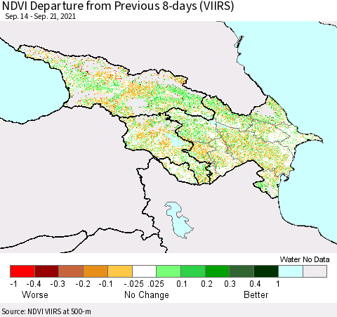 Azerbaijan, Armenia and Georgia NDVI Departure from Previous 8-days (VIIRS) Thematic Map For 9/14/2021 - 9/21/2021