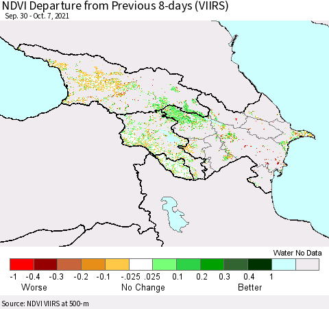 Azerbaijan, Armenia and Georgia NDVI Departure from Previous 8-days (VIIRS) Thematic Map For 9/30/2021 - 10/7/2021