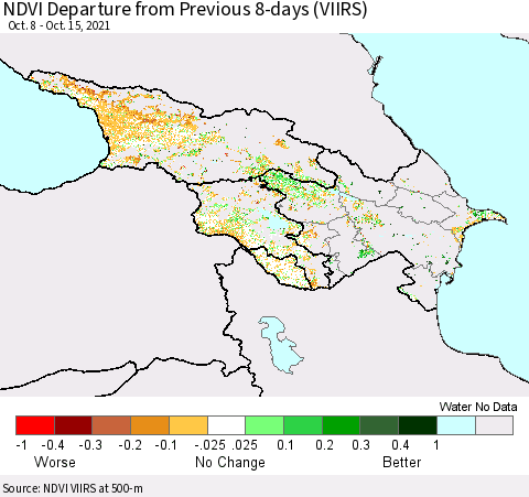 Azerbaijan, Armenia and Georgia NDVI Departure from Previous 8-days (VIIRS) Thematic Map For 10/8/2021 - 10/15/2021