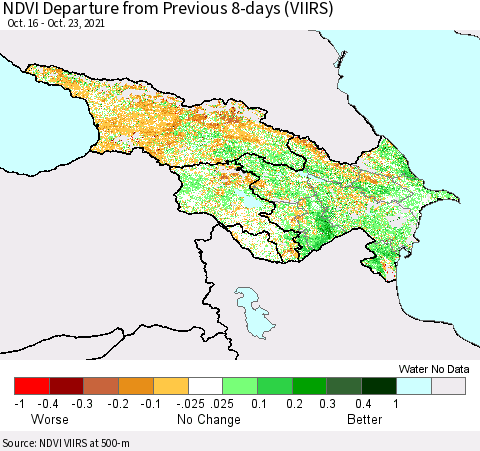 Azerbaijan, Armenia and Georgia NDVI Departure from Previous 8-days (VIIRS) Thematic Map For 10/16/2021 - 10/23/2021