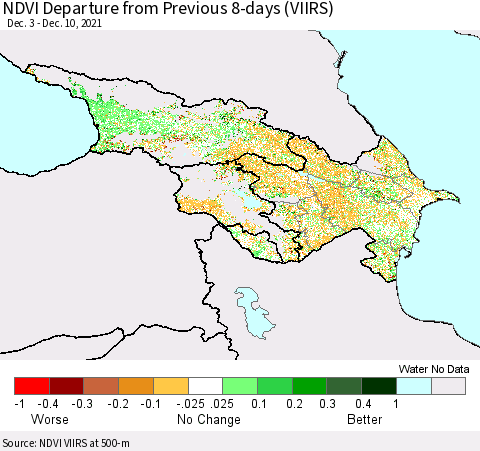Azerbaijan, Armenia and Georgia NDVI Departure from Previous 8-days (VIIRS) Thematic Map For 12/3/2021 - 12/10/2021